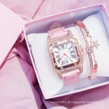 Heiße Frauen Damen Mode Lederband Quadrat Diamant Quarz Armbanduhren Luxusuhren Kristall Geschenk Set Für Frauen